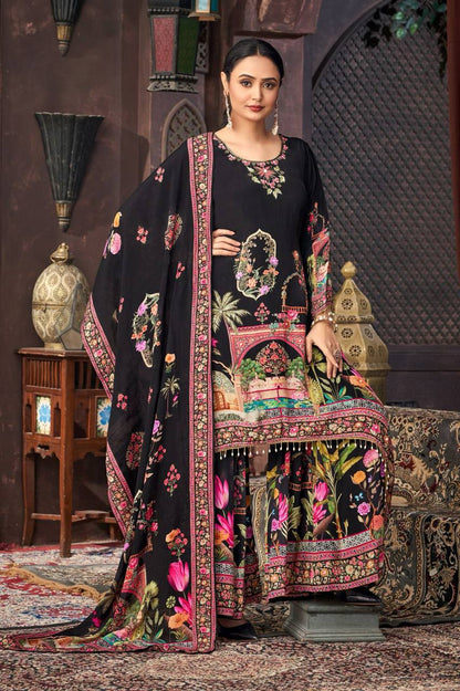 Wedding Wear Black Color Heavy Faux Georgette Digital Printed With Real Mirror Work Palazzo Suit