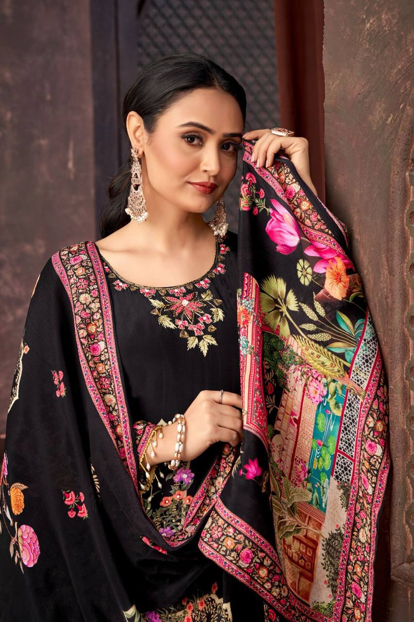 Wedding Wear Black Color Heavy Faux Georgette Digital Printed With Real Mirror Work Palazzo Suit