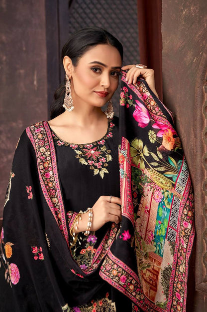 Wedding Wear Black Color Heavy Faux Georgette Digital Printed With Real Mirror Work Palazzo Suit