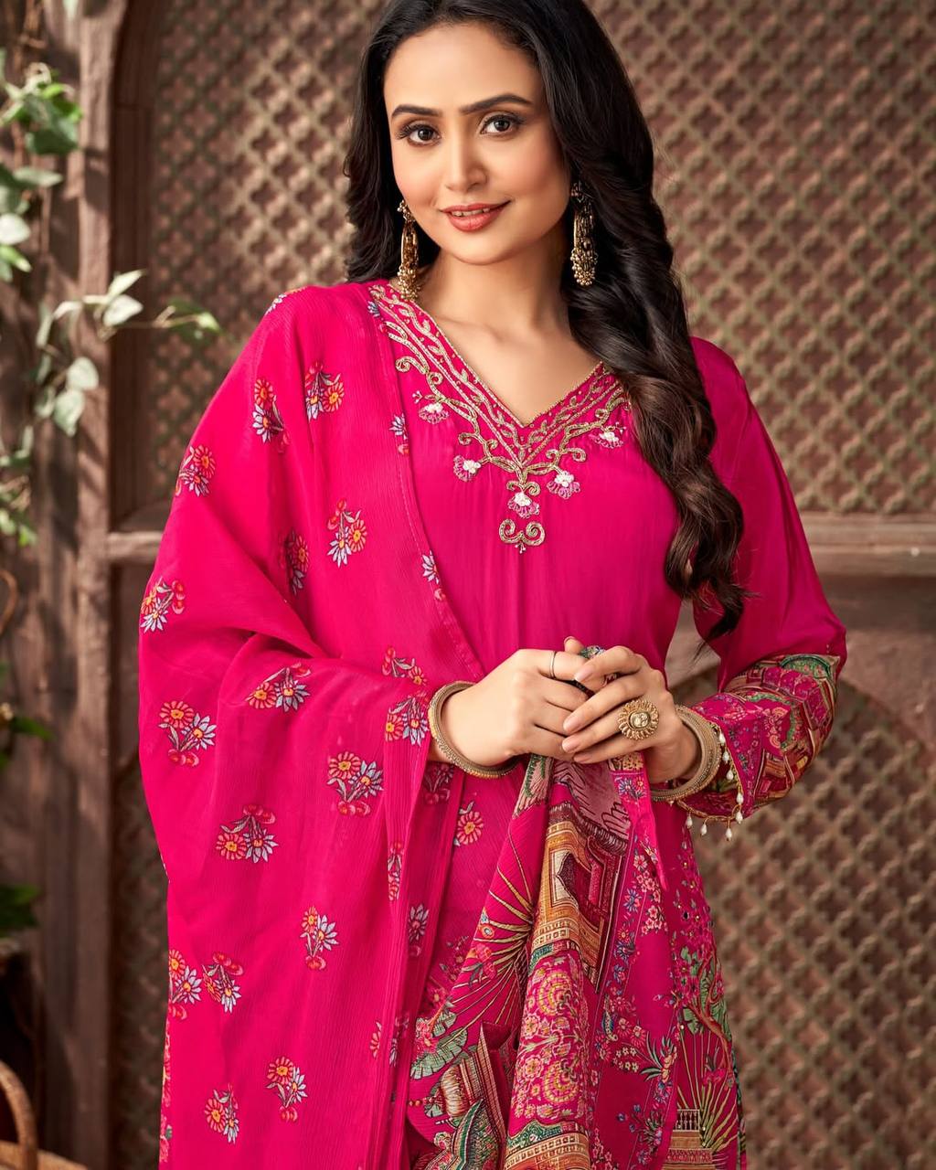 Party Wear Pink Color Heavy Faux Georgette Digital Printed With Real Mirror Work Palazzo Suit