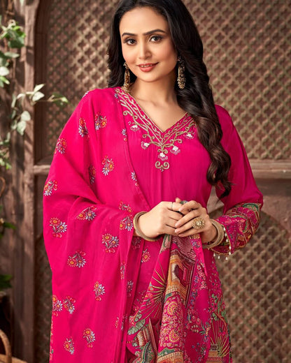 Party Wear Pink Color Heavy Faux Georgette Digital Printed With Real Mirror Work Palazzo Suit