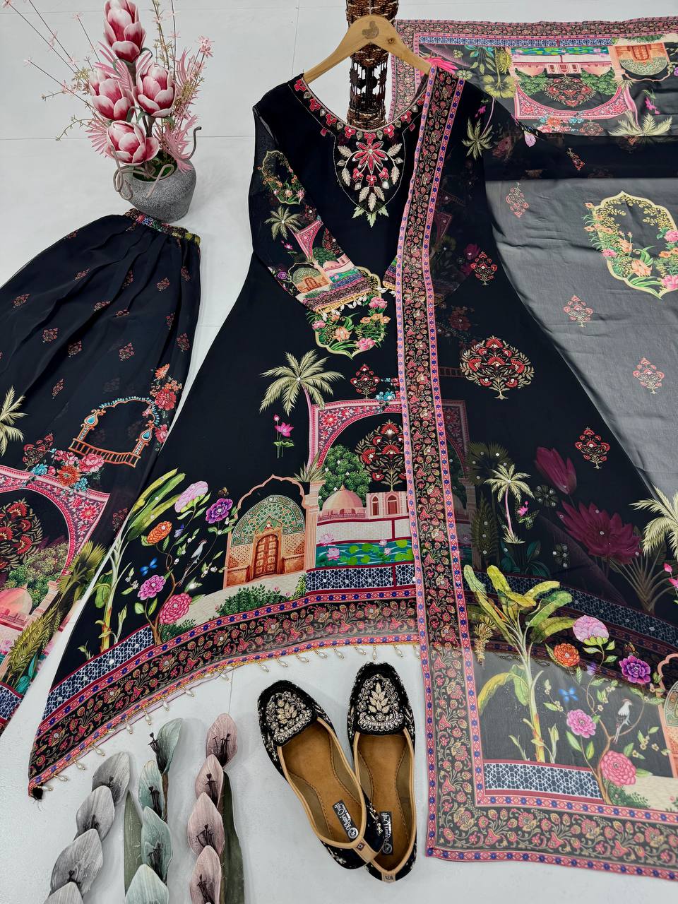 Wedding Wear Black Color Heavy Faux Georgette Digital Printed With Real Mirror Work Palazzo Suit
