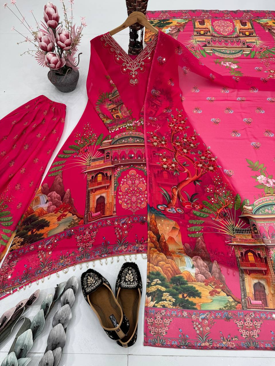 Party Wear Pink Color Heavy Faux Georgette Digital Printed With Real Mirror Work Palazzo Suit