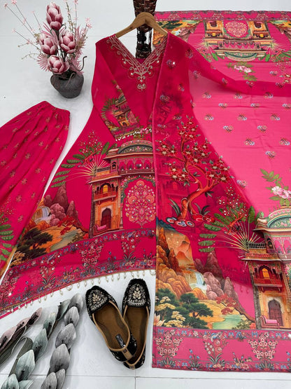 Party Wear Pink Color Heavy Faux Georgette Digital Printed With Real Mirror Work Palazzo Suit