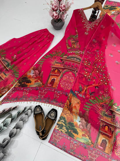 Party Wear Pink Color Heavy Faux Georgette Digital Printed With Real Mirror Work Palazzo Suit