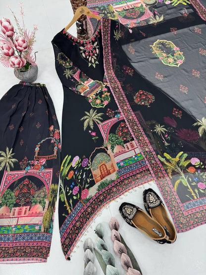 Wedding Wear Black Color Heavy Faux Georgette Digital Printed With Real Mirror Work Palazzo Suit