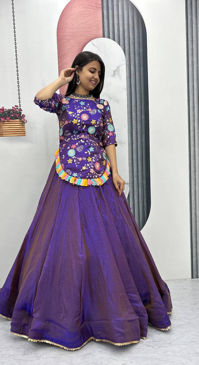 Traditional Wear Purple Color Pure Fendy Heavy Thread And Sequence Embroidery Work Lehenga Choli