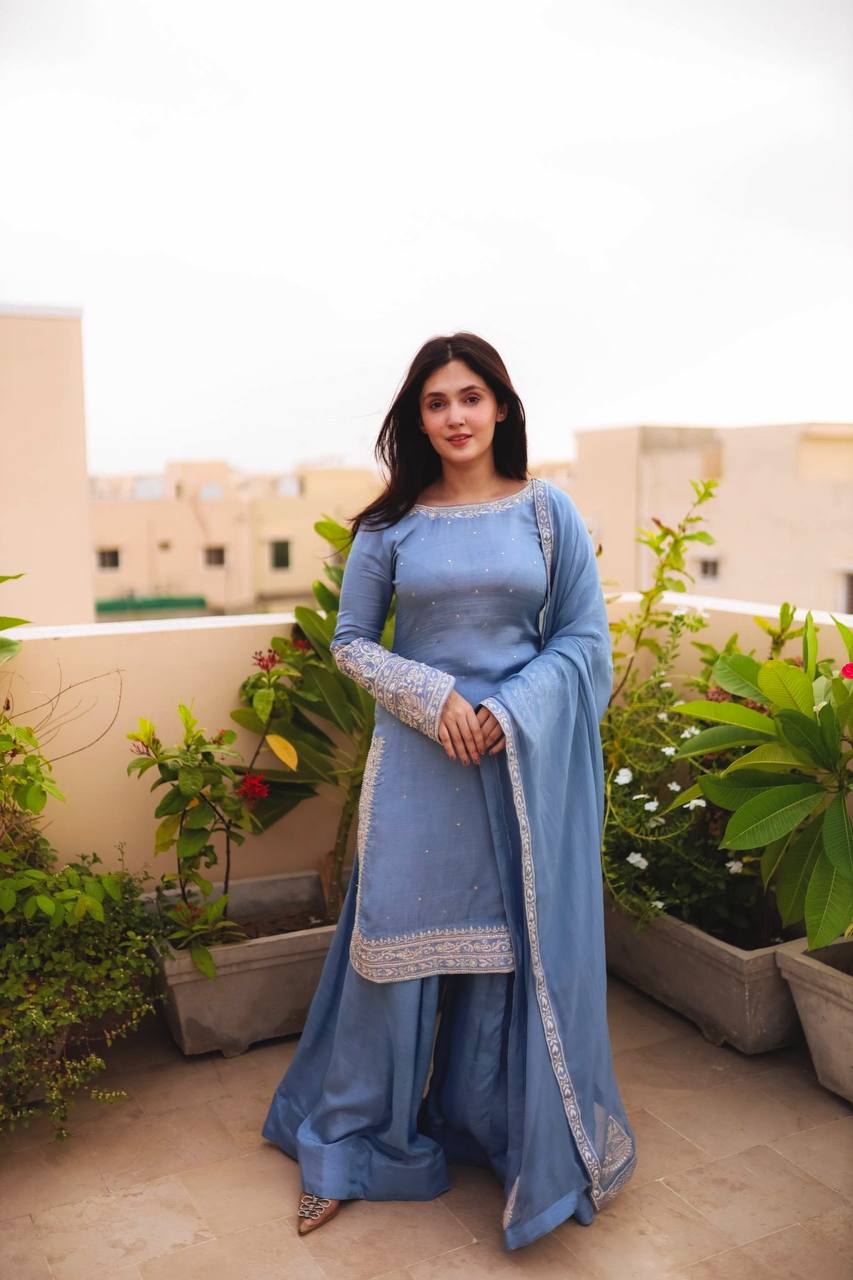 Party Wear Sky Blue Color Heavy Faux Georgette With 5mm Embroidery Sequin Work Palazzo Suit
