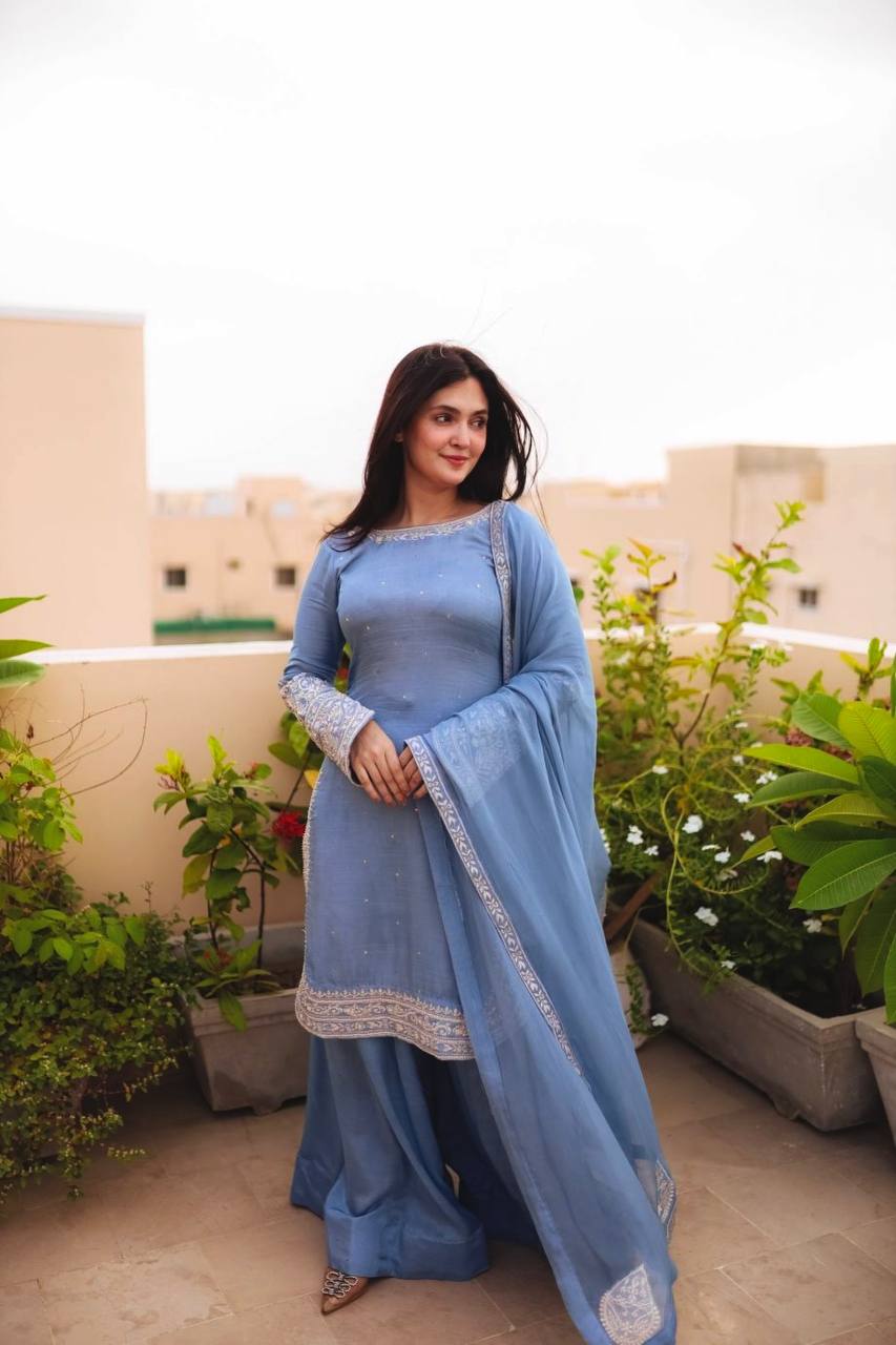 Party Wear Sky Blue Color Heavy Faux Georgette With 5mm Embroidery Sequin Work Palazzo Suit