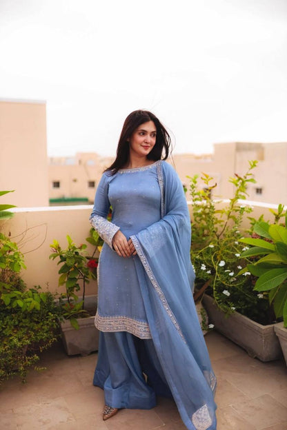 Party Wear Sky Blue Color Heavy Faux Georgette With 5mm Embroidery Sequin Work Palazzo Suit