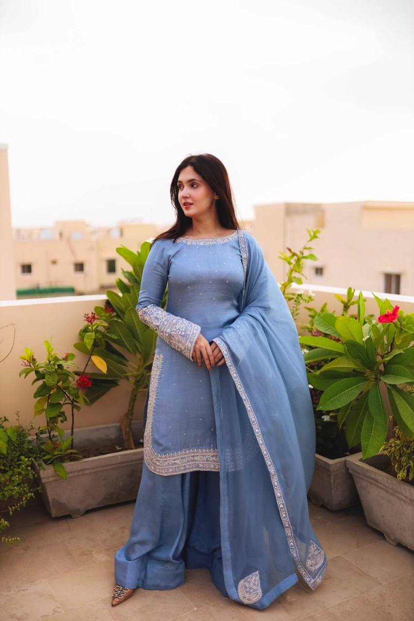 Party Wear Sky Blue Color Heavy Faux Georgette With 5mm Embroidery Sequin Work Palazzo Suit