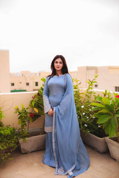 Party Wear Sky Blue Color Heavy Faux Georgette With 5mm Embroidery Sequin Work Palazzo Suit