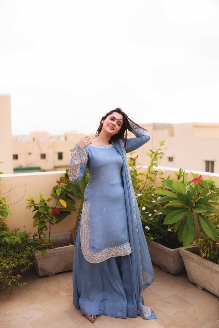 Party Wear Sky Blue Color Heavy Faux Georgette With 5mm Embroidery Sequin Work Palazzo Suit