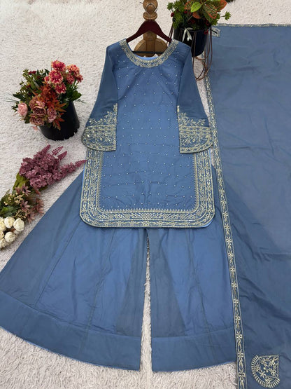Party Wear Sky Blue Color Heavy Faux Georgette With 5mm Embroidery Sequin Work Palazzo Suit