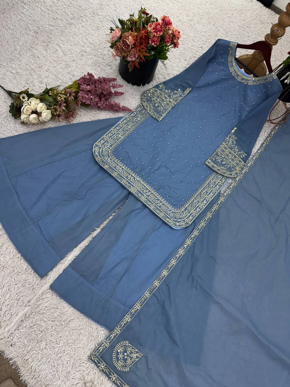 Party Wear Sky Blue Color Heavy Faux Georgette With 5mm Embroidery Sequin Work Palazzo Suit