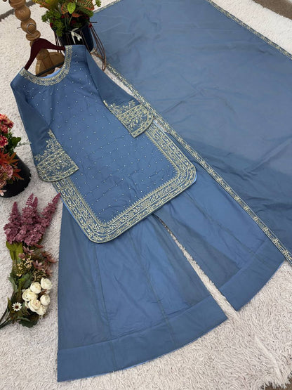 Party Wear Sky Blue Color Heavy Faux Georgette With 5mm Embroidery Sequin Work Palazzo Suit