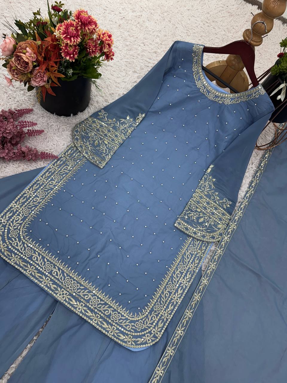 Party Wear Sky Blue Color Heavy Faux Georgette With 5mm Embroidery Sequin Work Palazzo Suit