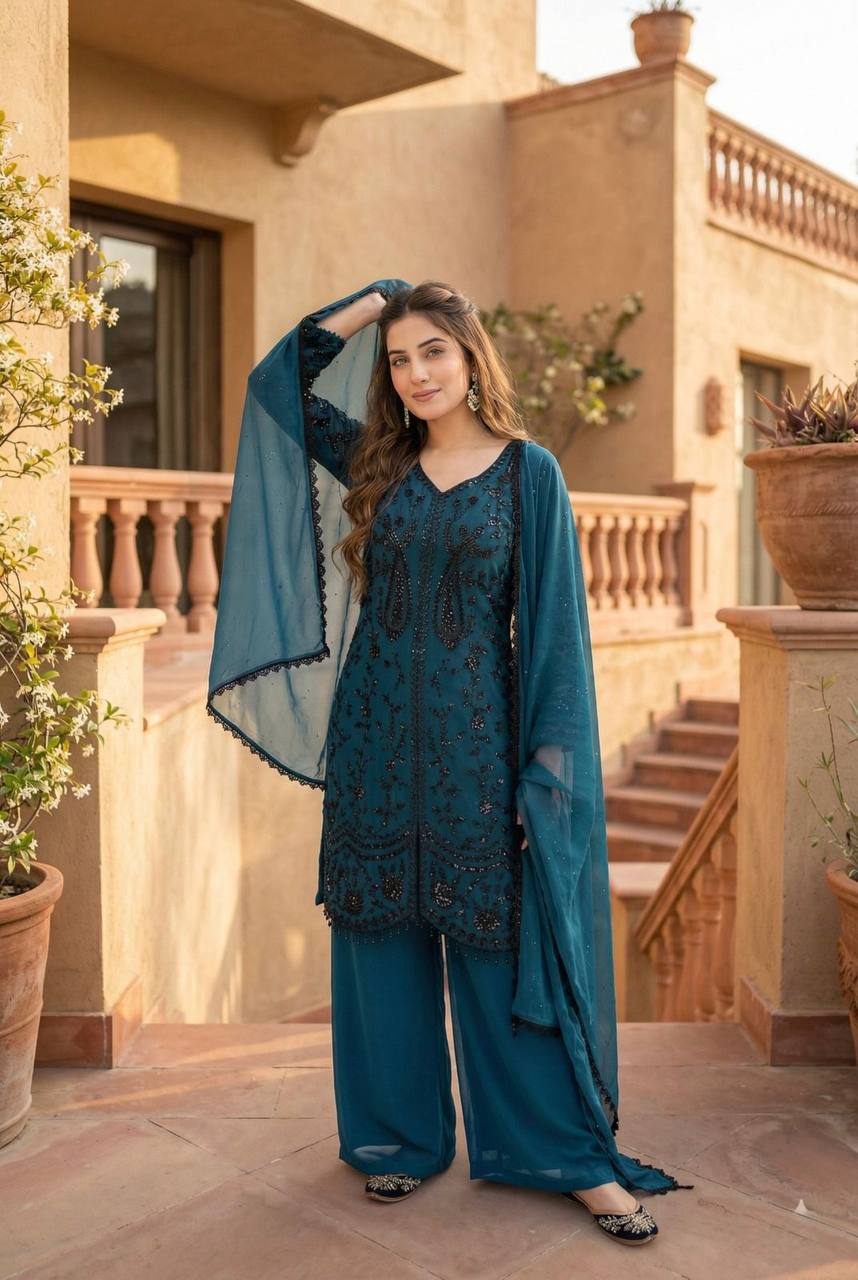 Party Wear Nevy Blue Color Heavy Faux Georgette Palazzo suit