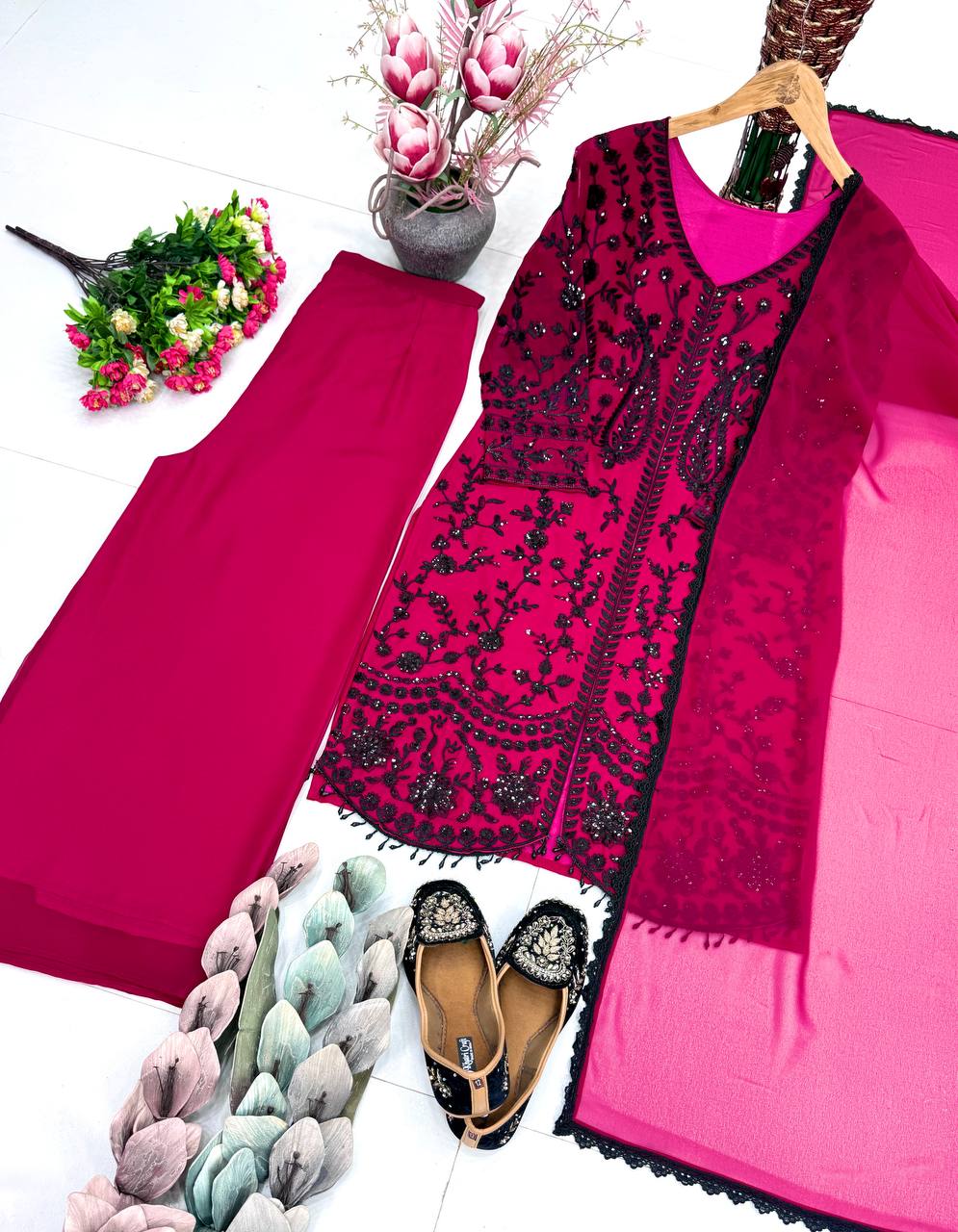 Casual Wear Pink Color Heavy Faux Georgette Palazzo suit With Dupatta