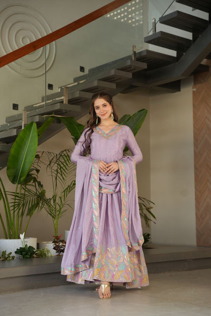 Designer Lavender Color Embroidered Work Wedding Wear Chinnon Gown Set with Dupatta