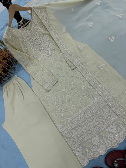 Festive Wear Off White Color Heavy Faux Georgette With Rich Embroidery Sequin Work Salwar Suit