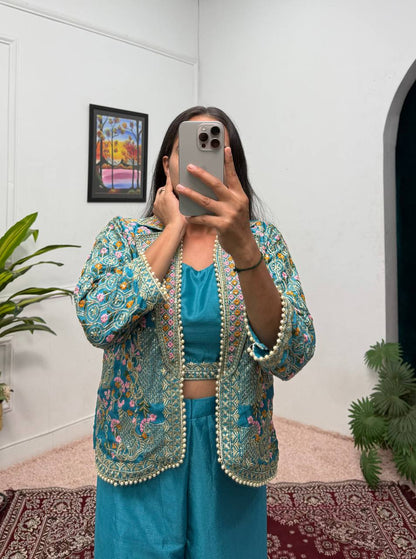 Fancy Teal Green Color Chinon With Full Embroidery With Moti Work Koti With Palazzo Set