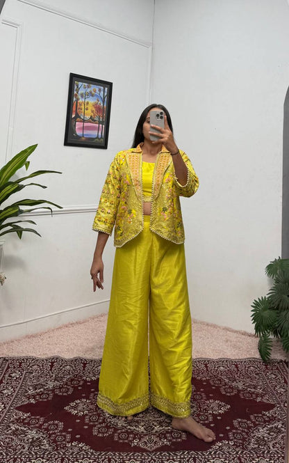 Fancy Yellow Color Chinon With Full Embroidery With Moti Work Koti With Palazzo Set