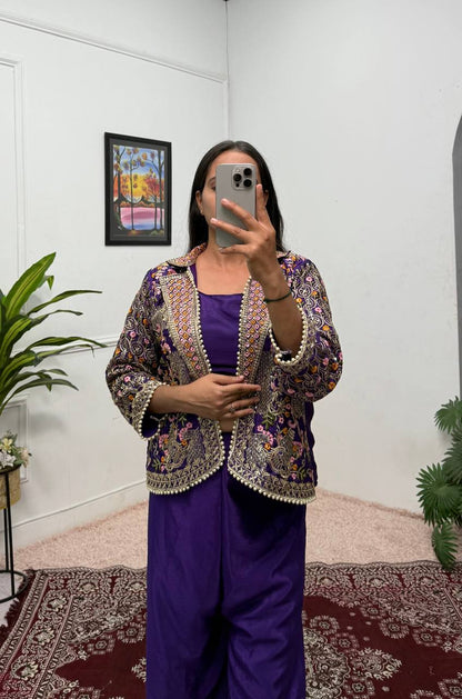 Fancy Blue Color Chinon With Full Embroidery With Moti Work Koti With Palazzo Set