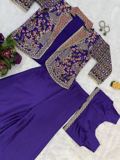 Fancy Blue Color Chinon With Full Embroidery With Moti Work Koti With Palazzo Set