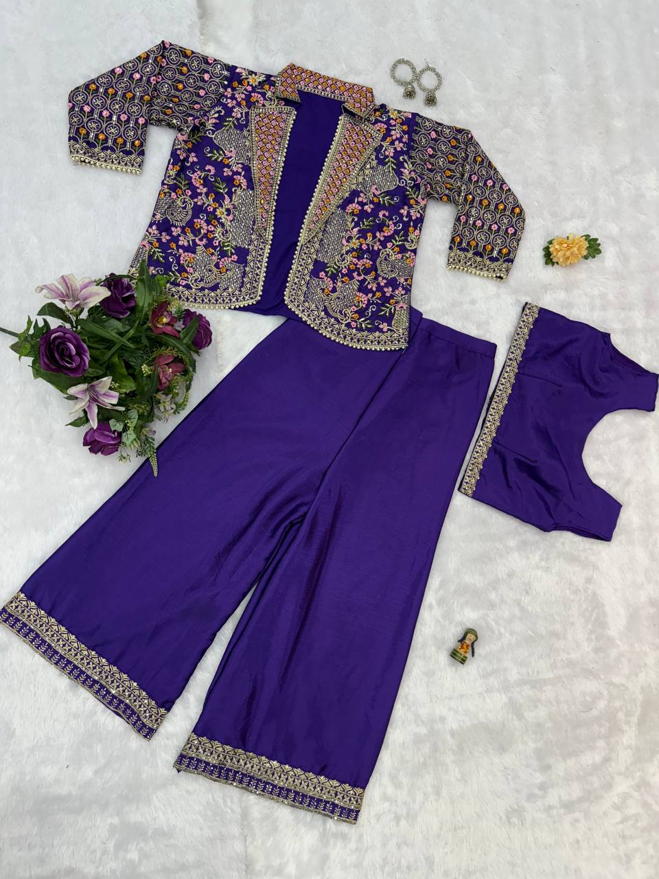 Fancy Blue Color Chinon With Full Embroidery With Moti Work Koti With Palazzo Set