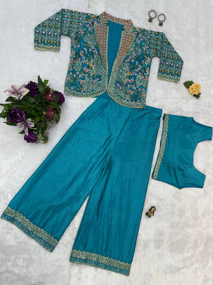 Fancy Teal Green Color Chinon With Full Embroidery With Moti Work Koti With Palazzo Set