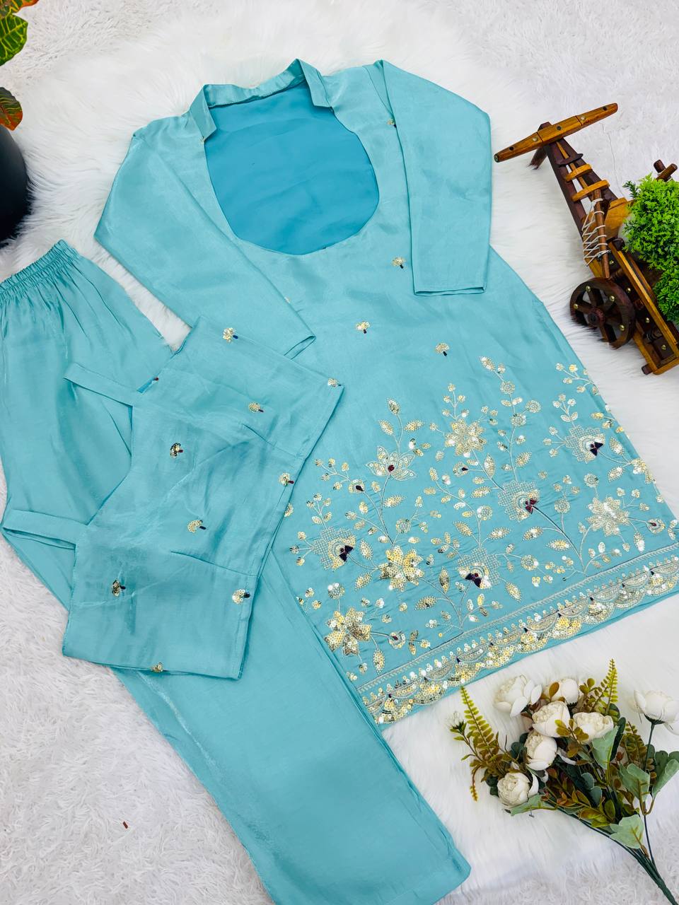 Daisy Sky Blue Color Sequence Embroidered Kurta Set