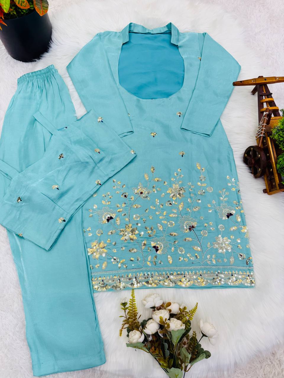 Daisy Sky Blue Color Sequence Embroidered Kurta Set