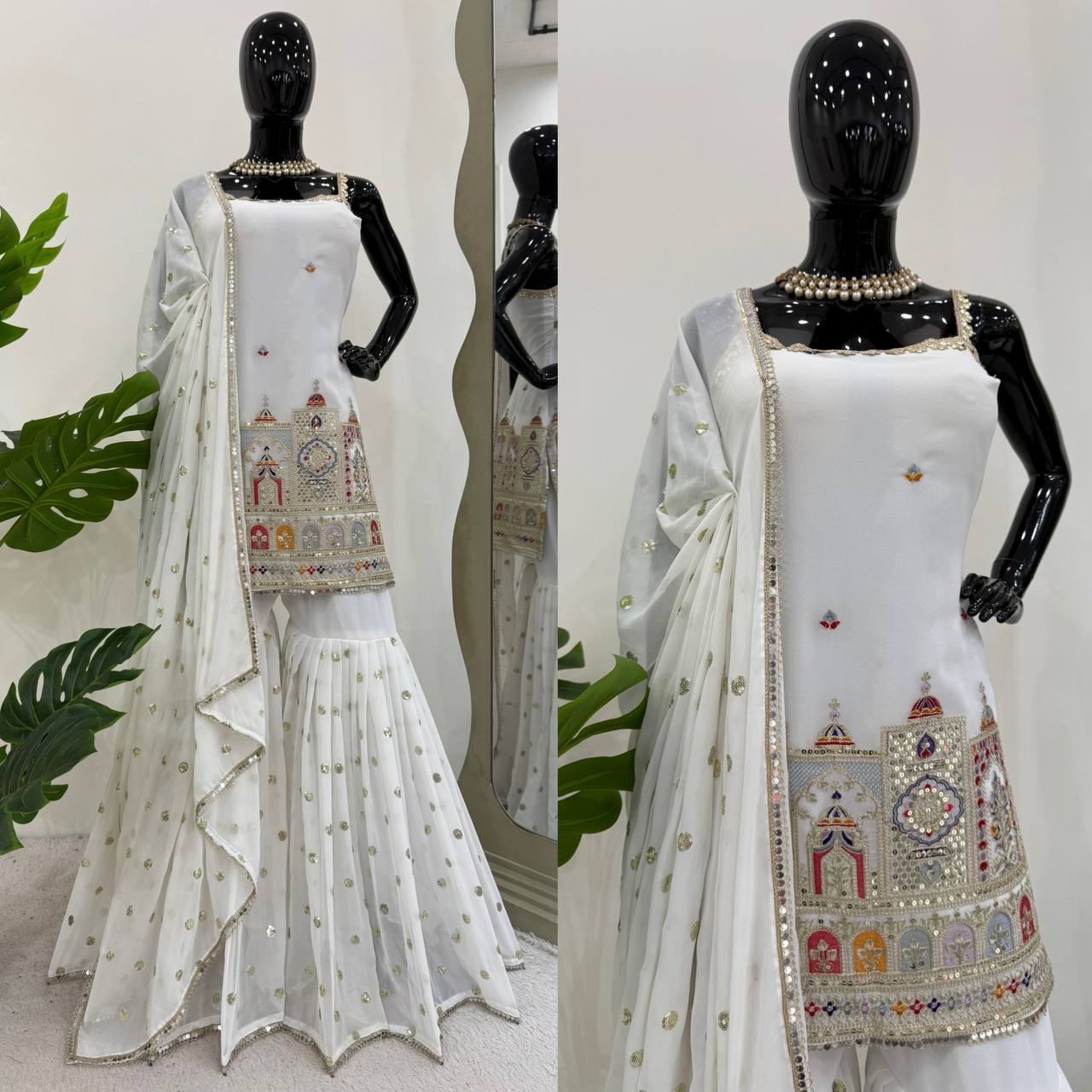 Party Wear White Color Faux Georgette Thread And Sequin With Coding Embroidery Work Sharara Suit