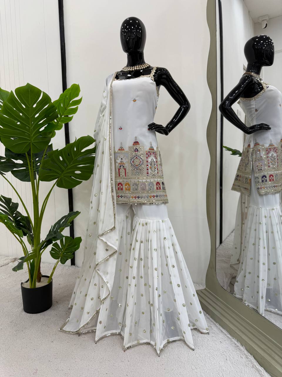 Party Wear White Color Faux Georgette Thread And Sequin With Coding Embroidery Work Sharara Suit