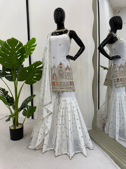 Party Wear White Color Faux Georgette Thread And Sequin With Coding Embroidery Work Sharara Suit