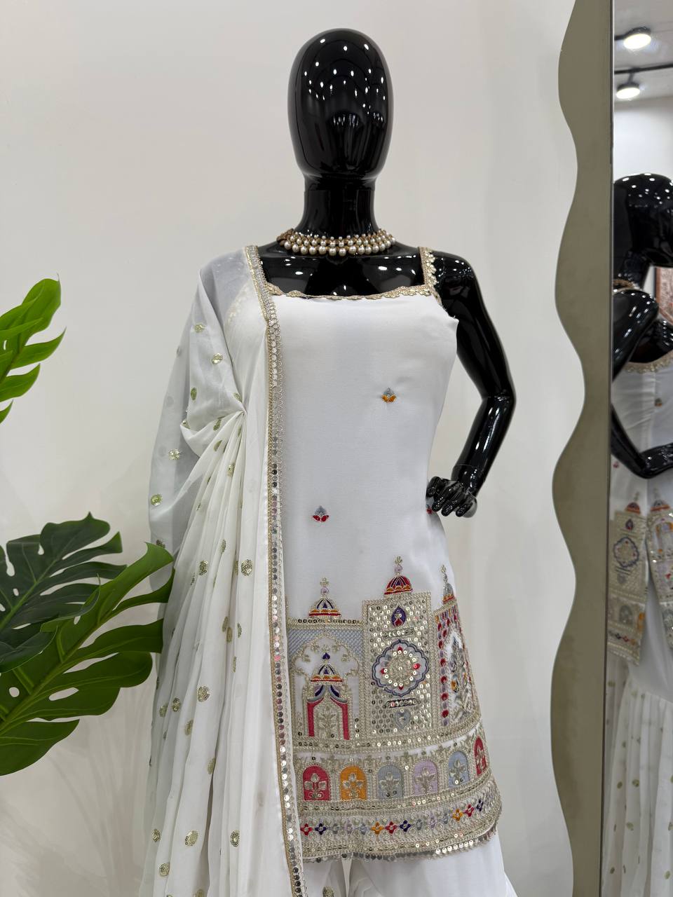 Party Wear White Color Faux Georgette Thread And Sequin With Coding Embroidery Work Sharara Suit