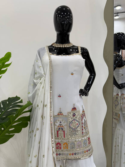 Party Wear White Color Faux Georgette Thread And Sequin With Coding Embroidery Work Sharara Suit