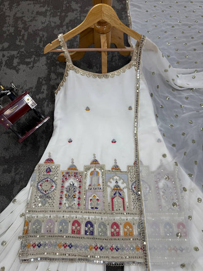 Party Wear White Color Faux Georgette Thread And Sequin With Coding Embroidery Work Sharara Suit