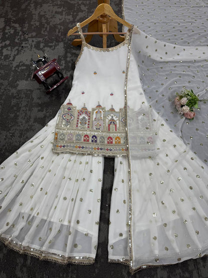 Party Wear White Color Faux Georgette Thread And Sequin With Coding Embroidery Work Sharara Suit