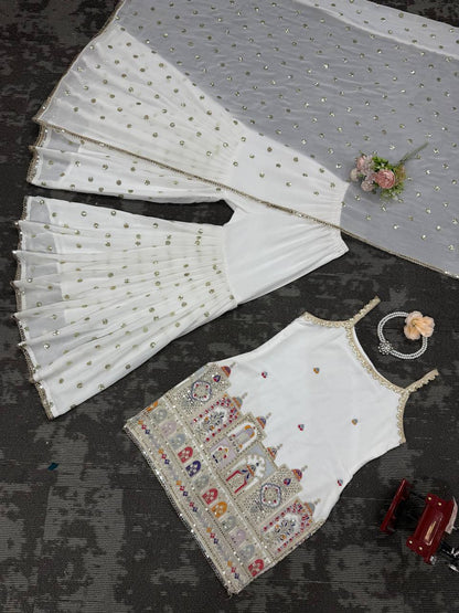 Party Wear White Color Faux Georgette Thread And Sequin With Coding Embroidery Work Sharara Suit