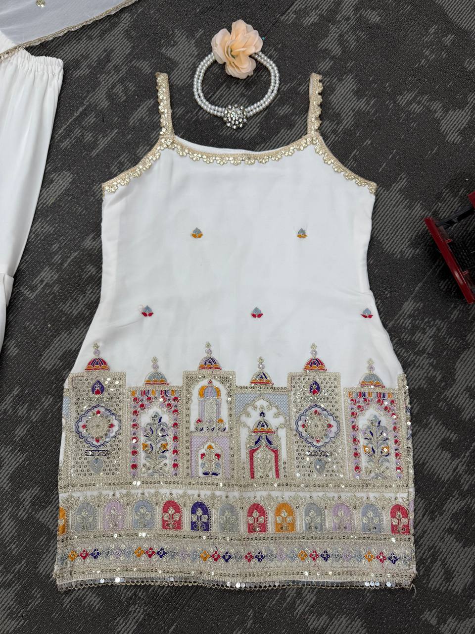 Party Wear White Color Faux Georgette Thread And Sequin With Coding Embroidery Work Sharara Suit