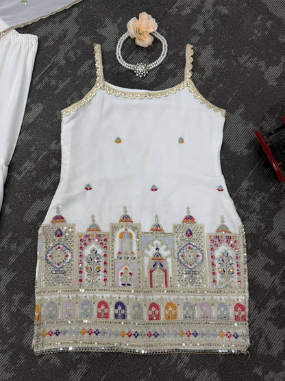 Party Wear White Color Faux Georgette Thread And Sequin With Coding Embroidery Work Sharara Suit