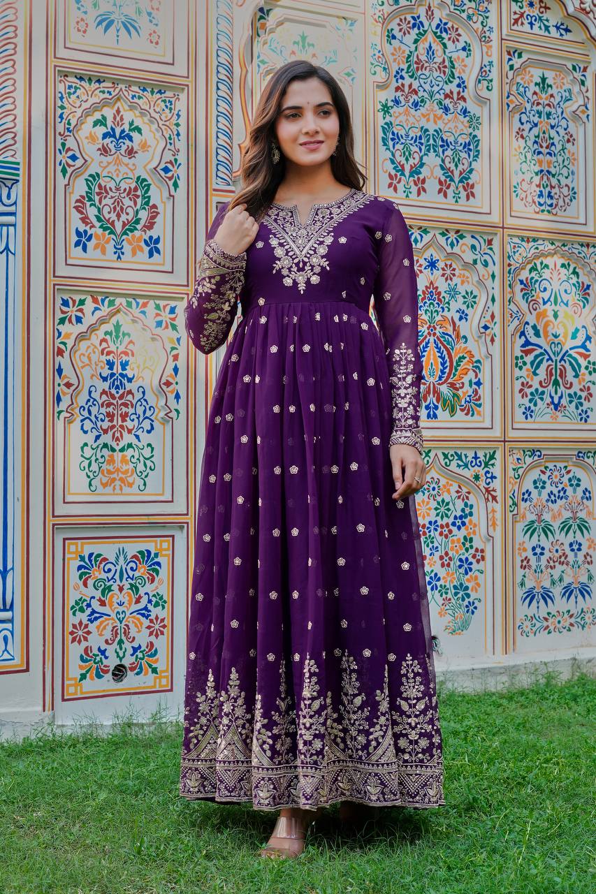 Elegant Purple Georgette Gown Set With Pant And Organza Dupatta