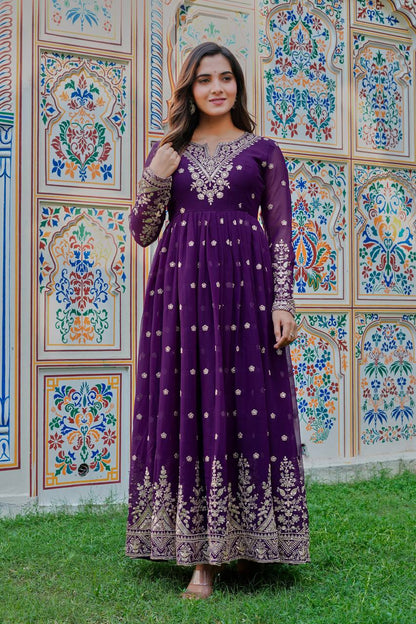 Elegant Purple Georgette Gown Set With Pant And Organza Dupatta