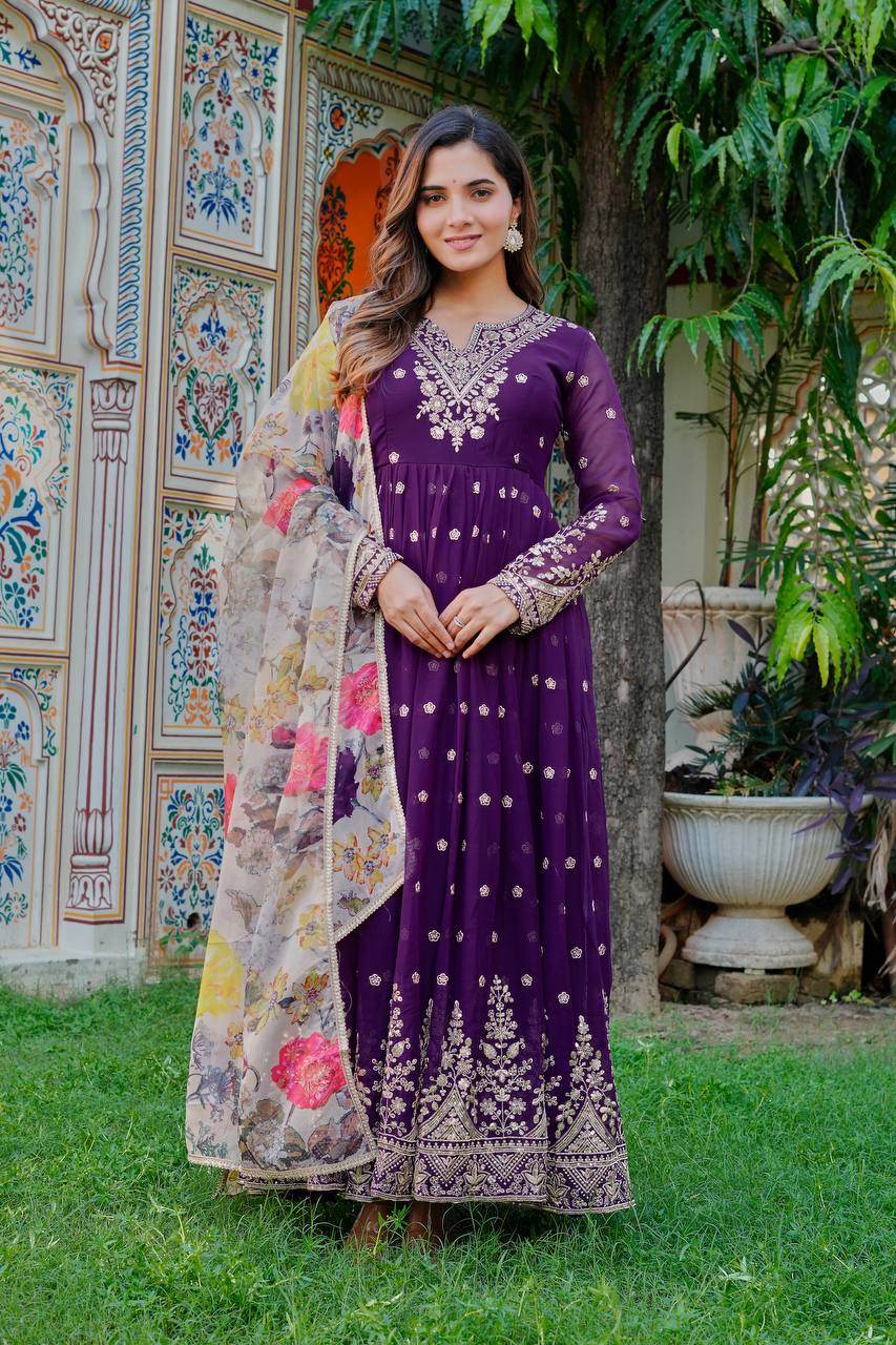Elegant Purple Georgette Gown Set With Pant And Organza Dupatta