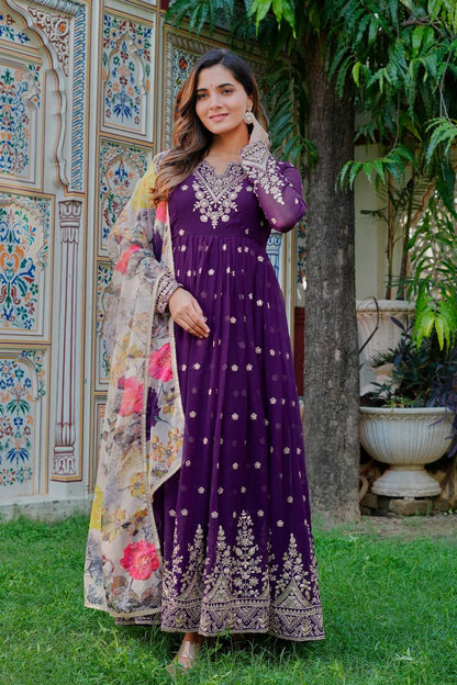 Elegant Purple Georgette Gown Set With Pant And Organza Dupatta