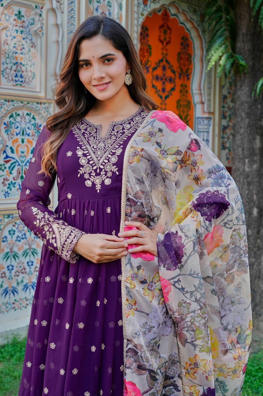 Elegant Purple Georgette Gown Set With Pant And Organza Dupatta