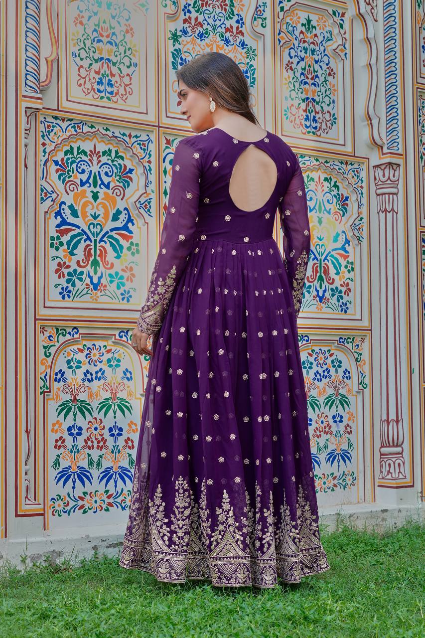 Elegant Purple Georgette Gown Set With Pant And Organza Dupatta