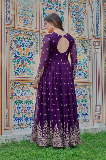 Elegant Purple Georgette Gown Set With Pant And Organza Dupatta